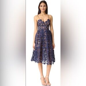 SELF-PORTRAIT NWT AZAELEA Navy Floral Lace Midi Dress with Spaghetti Straps